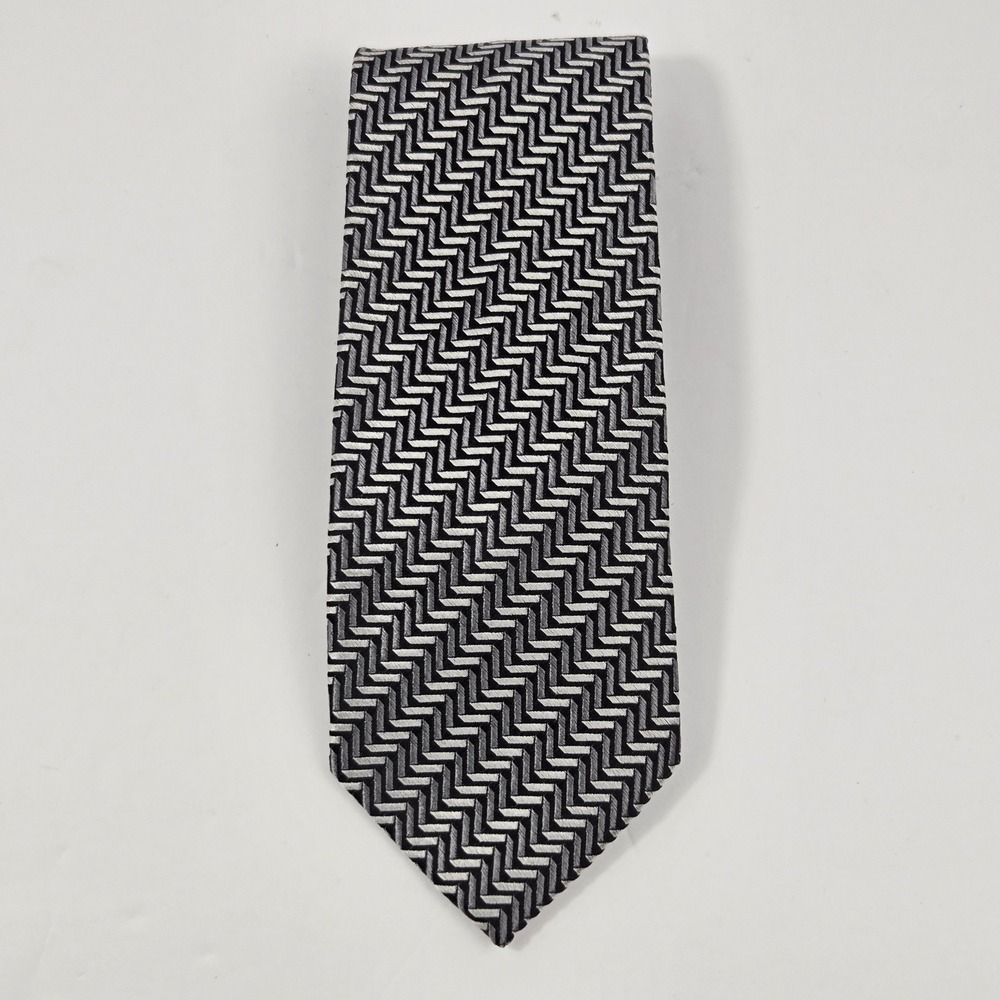 Faconnable Mens Silk Tie Geometric Chevron Zig Zag Black Grey White Hand Made